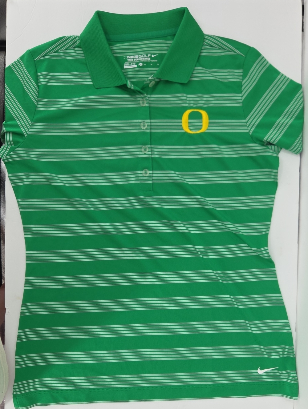 Nike Women's Green Striped Golf Polo with Yellow Oregon DUCKS